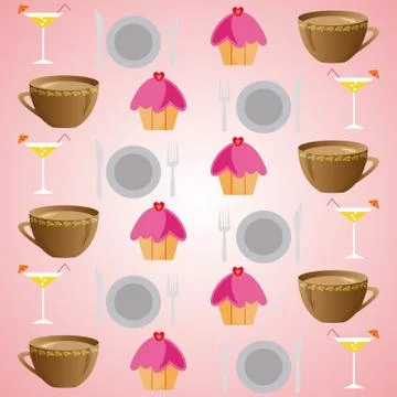 Background set of drinks and food on a pink Stock Illustration