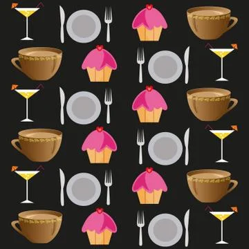 Background set of drinks and food on a black Stock Illustration