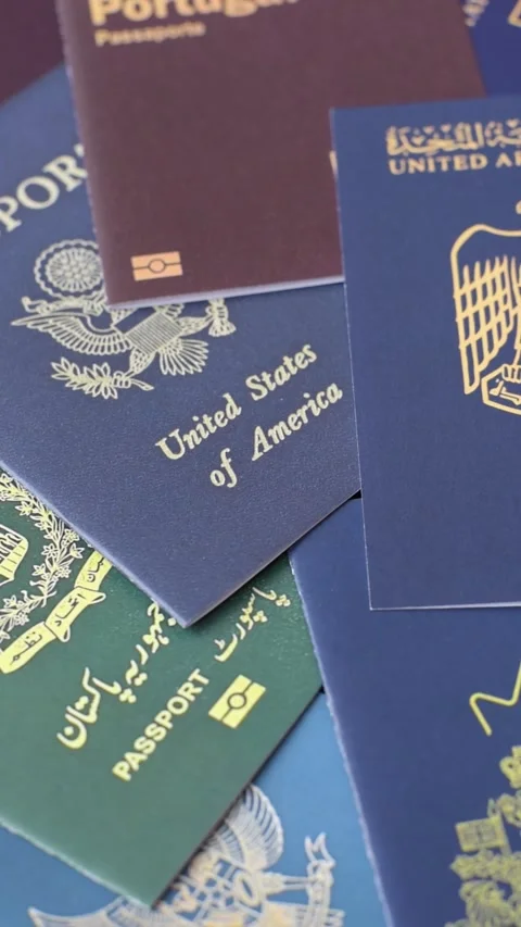 A background of several passports from different countries, an international ID  Stock Footage 319396645