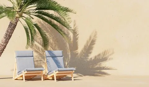 Background with a shadow from a palm tree on a wall with two beach chairs.Cov Stock Illustration