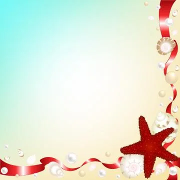 Background with shells and red ribbons Stock Illustration