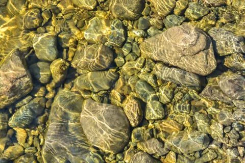 Background of shiny pebbles on the river bottom. Stock Photos