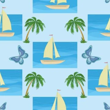 Background with a ship, palms and butterflies Stock Illustration