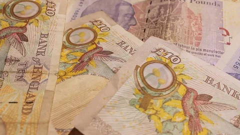 Background shot of British £10 and £20 pound notes Stock Footage 72252320