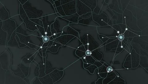 Background showing glowing data hubs linked by dotted lines over urban plan. イラスト素材