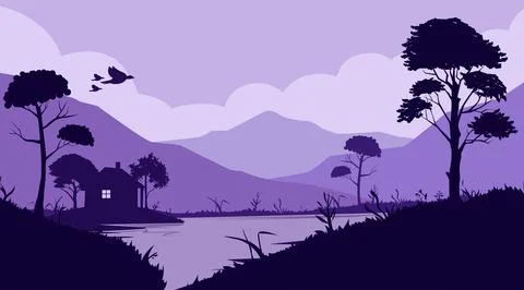 Background silhouette, lakeside hut, between mountains, and trees, shades o.. Stock Illustration