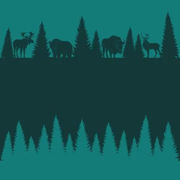 Background of silhouettes of wild forest animals and trees. Stock Illustration