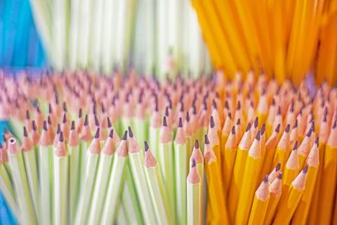 Background of simple sharpened pencils in brown and light green. Back to scho Stock Photos
