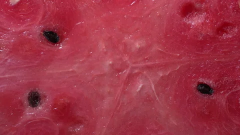 Background from a slice of red juicy watermelon with seeds close up, rotates Stock Footage 280179361