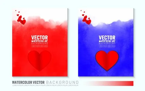 Background of small hearts with ornament of curls, in red colors, Watercolor Stock Illustration