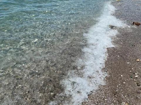 Background with small pebbles. Multi-colored sea pebbles covered with clear w 写真素材