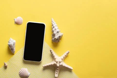 A background with a smartphone, glasses, a blank notepad and leaves and shell Stock Photos