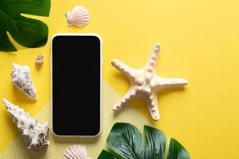 A background with a smartphone, glasses, a blank notepad and leaves and shell Stock Photos