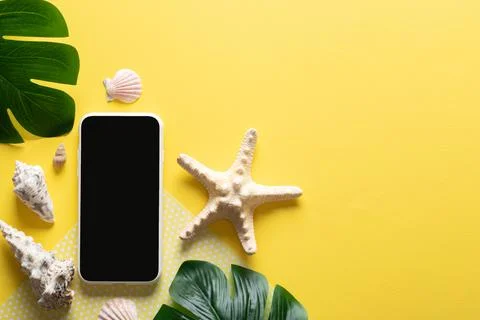 A background with a smartphone, glasses, a blank notepad and leaves and shell Stock Photos