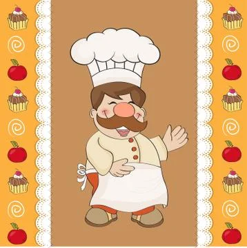 Background with smiling chef and menu Stock Illustration