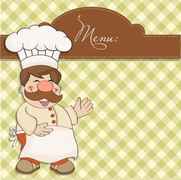 Background with smiling chef and menu Stock Illustration