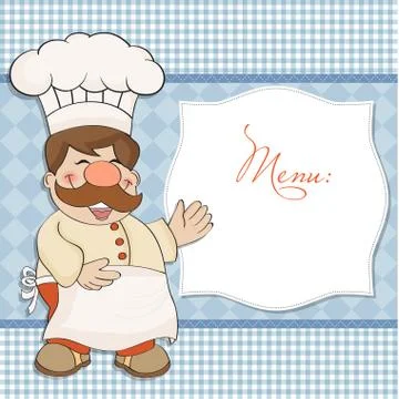 Background with smiling chef and menu Stock Illustration