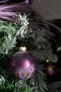 Background with a snowy pine tree and Christmas purple ornamated ball. Stock Photos