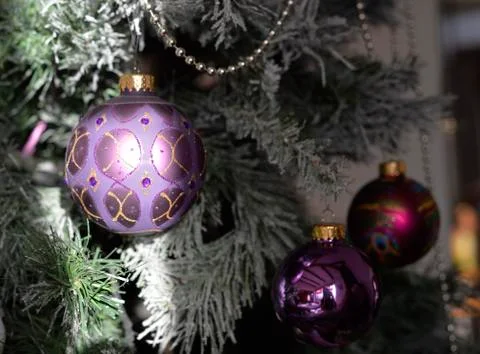 Background with a snowy pine tree and Christmas purple ornamated ball. Stock Photos