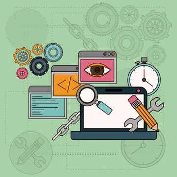 Background with software tools for development of the construction in laptop Illustrazione stock