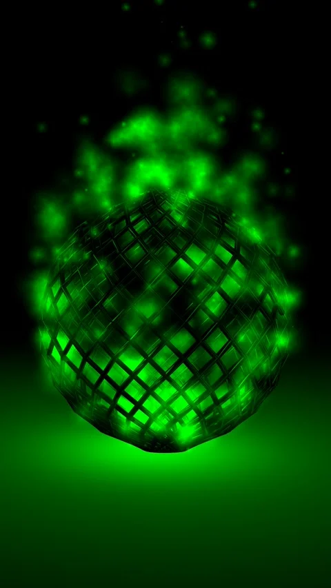 Background with Sphere in Green Particles, 3D Render, Reflection, Exclusive Stock Footage 268611782