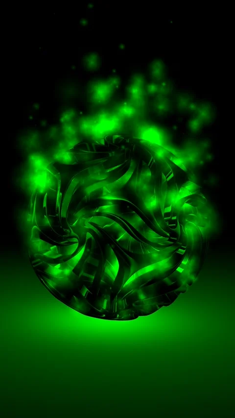 Background with Sphere in Green Particles, Reflection, 3D Render, Exclusive Stock Footage 268611753