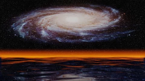 Background, a spinning galaxy reflecting in the ocean with misty light Stock Footage 311567248
