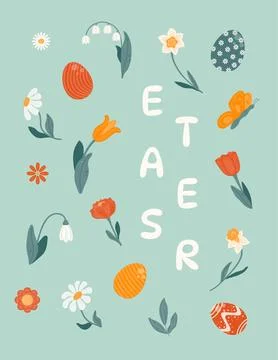 Background with spring flowers and Easter eggs. Illustrazione stock