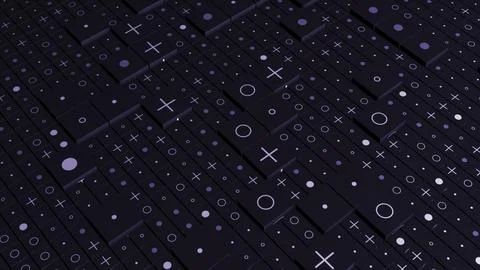 Background of squares on surface with signs. Motion. 3D computer background with Stock Illustration