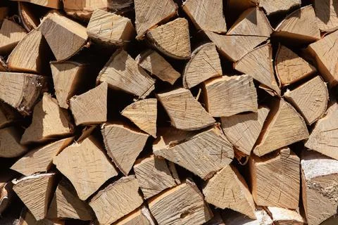 Background from stack of firewood from birch tree, for heating house, stacked Stock Photos