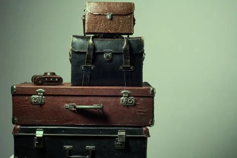 Background stack of old shabby suitcases and camera Stock Photos