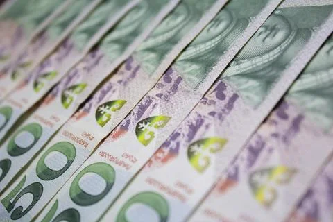 Background from stack of paper green banknotes 50 GEL 스톡 사진