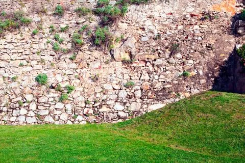 Background of stone wall with green grass Stock Photos