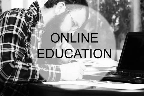 Background study online education bearded man sitting at a table and worki... 写真素材