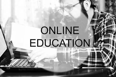 Background study online education bearded man sitting at a table and worki... 写真素材