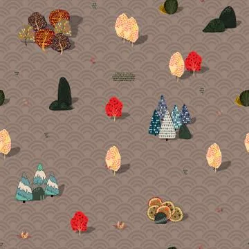 Background with stylized autumn trees. Forest bright landscape. Illustrazione stock