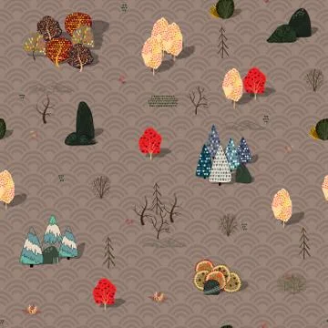 Background with stylized autumn trees. Forest bright landscape. Illustrazione stock