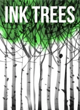 Background with stylized green trees hand drawn with ink Illustrazione stock