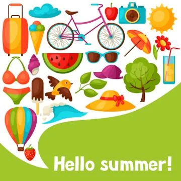 Background with stylized summer objects. Design for cards, covers, brochures and Stock Illustration