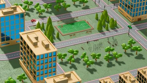 Background stylized three-dimensional city with train cars. 3d render illus.. Stockillustratie