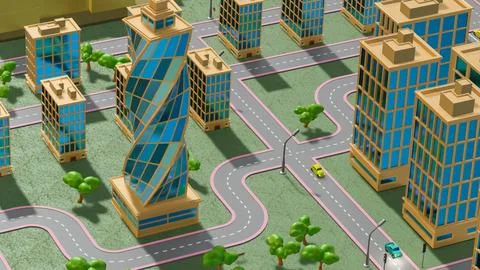 Background stylized three-dimensional city with train cars. 3d render illus.. Stockillustratie