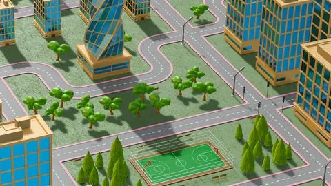 Background stylized three-dimensional city with train cars. 3d render illus.. Stockillustratie