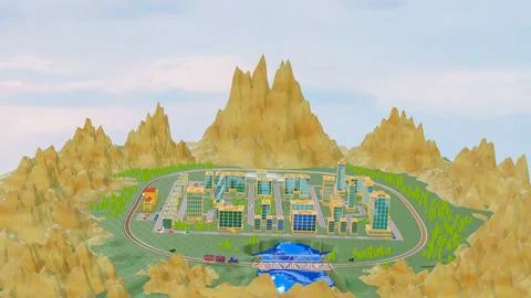 Background stylized three-dimensional city with train cars. 3d render illus.. Stock Illustration