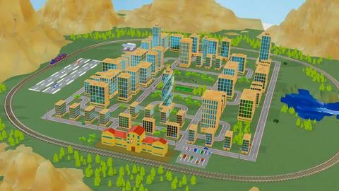 Background stylized three-dimensional city with train cars. 3d render illus.. Stock Illustration