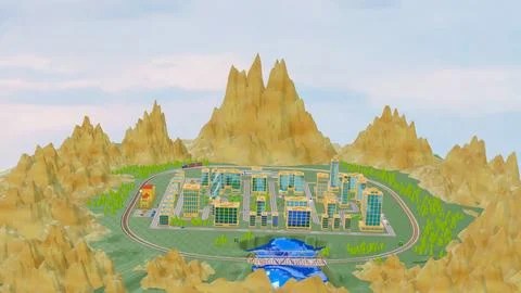 Background stylized three-dimensional city with train cars. 3d render illus.. Stock Illustration