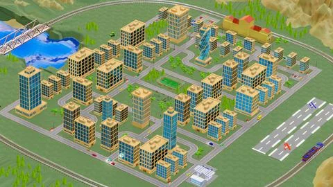 Background stylized three-dimensional city with train cars. 3d render illus.. Stockillustratie
