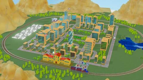 Background stylized three-dimensional city with train cars. 3d render illus.. Stock Illustration