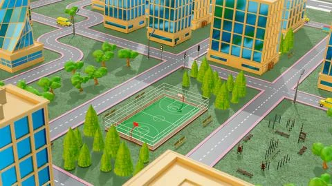 Background stylized three-dimensional city with train cars. 3d render illus.. Stock Illustration