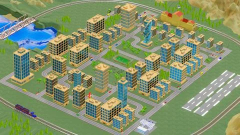 Background stylized three-dimensional city with train cars. 3d render illus.. Stock Illustration