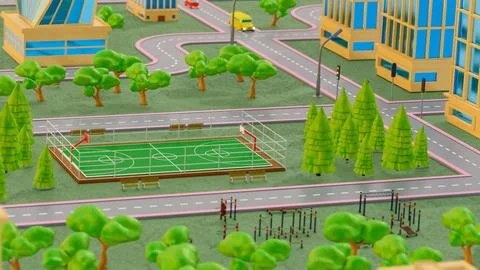 Background stylized three-dimensional city with train cars. 3d render illus.. Stock Illustration